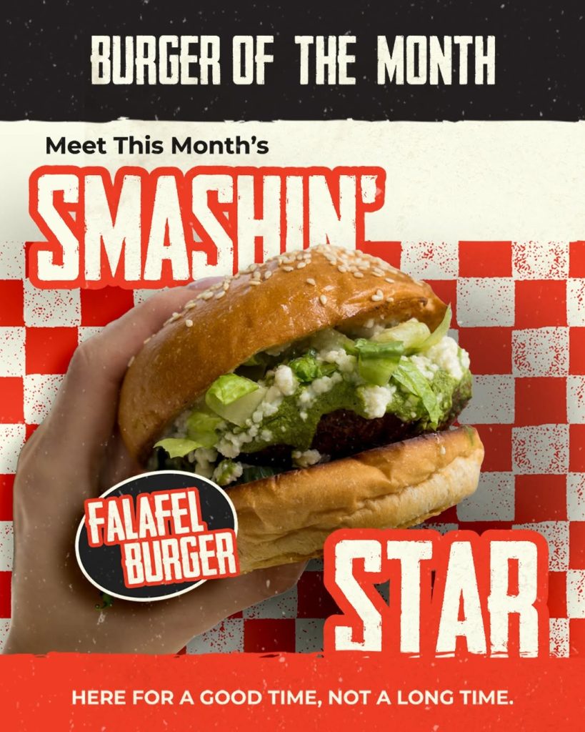 🥙 Falafel Burger (Vegan*) Golden-crispy falafel stacked with skhug yoghurt, toum, feta, pickled cucumber, and fresh lettuce. Loud, herby, and unapologetically garlicky. *Vegan ingredients, cooked in non-vegan fryer oil.